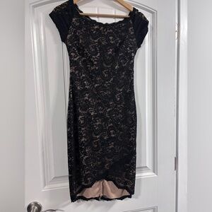 Bisou Bisou Black Lace Midi Dress with Nude Lining